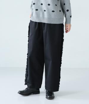 コットンツイルサイドフリル切替ワイドパンツ(ブラック-F)