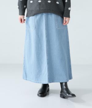 レギュラーオンスコットンリネンデニムベイカーロングスカート(ライトインディゴ-F)