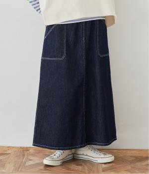 レギュラーオンスコットンリネンデニムベイカーロングスカート(ダークインディゴ-F)