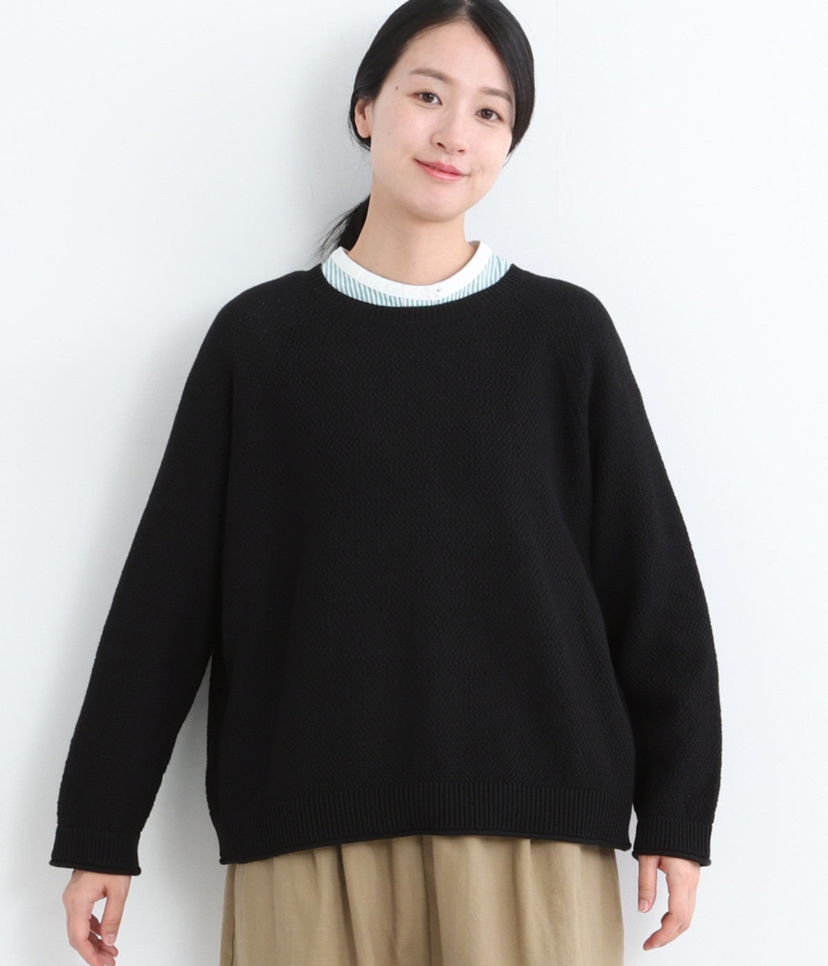 コットンリネンニット ラグランプルオーバー(ブラック-ONESIZE)