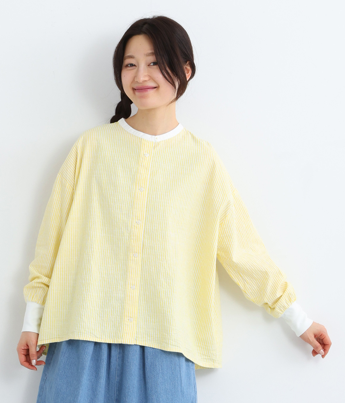コットンリネンストライプ スタンドカラーシャツ(イエローストライプ-ONESIZE)