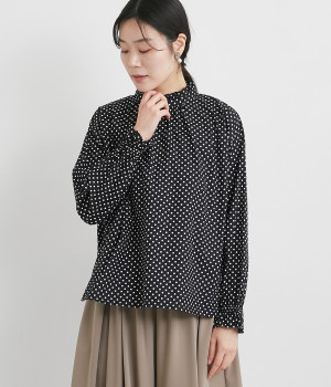 キャンディースリーブフリル襟ブラウス(ブラック×オフホワイトドット-ONESIZE)
