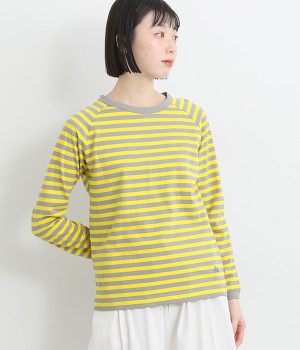 リサイクルコットン天竺 ボーダーラグラン長袖Tシャツ(グレー×イエロー-L)