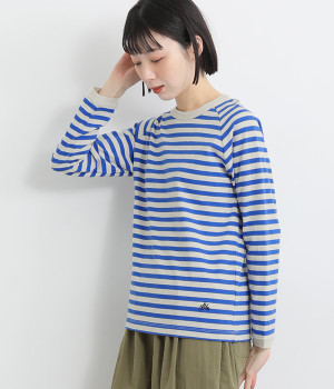 リサイクルコットン天竺 ボーダーラグラン長袖Tシャツ(ペールベージュ×ブルー-L)