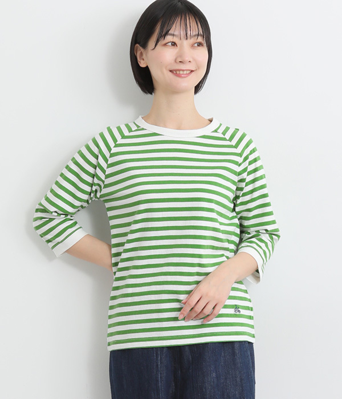 リサイクルコットン天竺 ボーダーラグラン７分袖Tシャツ(オフホワイト×ブライトグリーン-M)