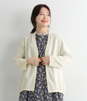 リネンコットン 裾ゴムVネックカーディガン(アイボリー-ONESIZE)