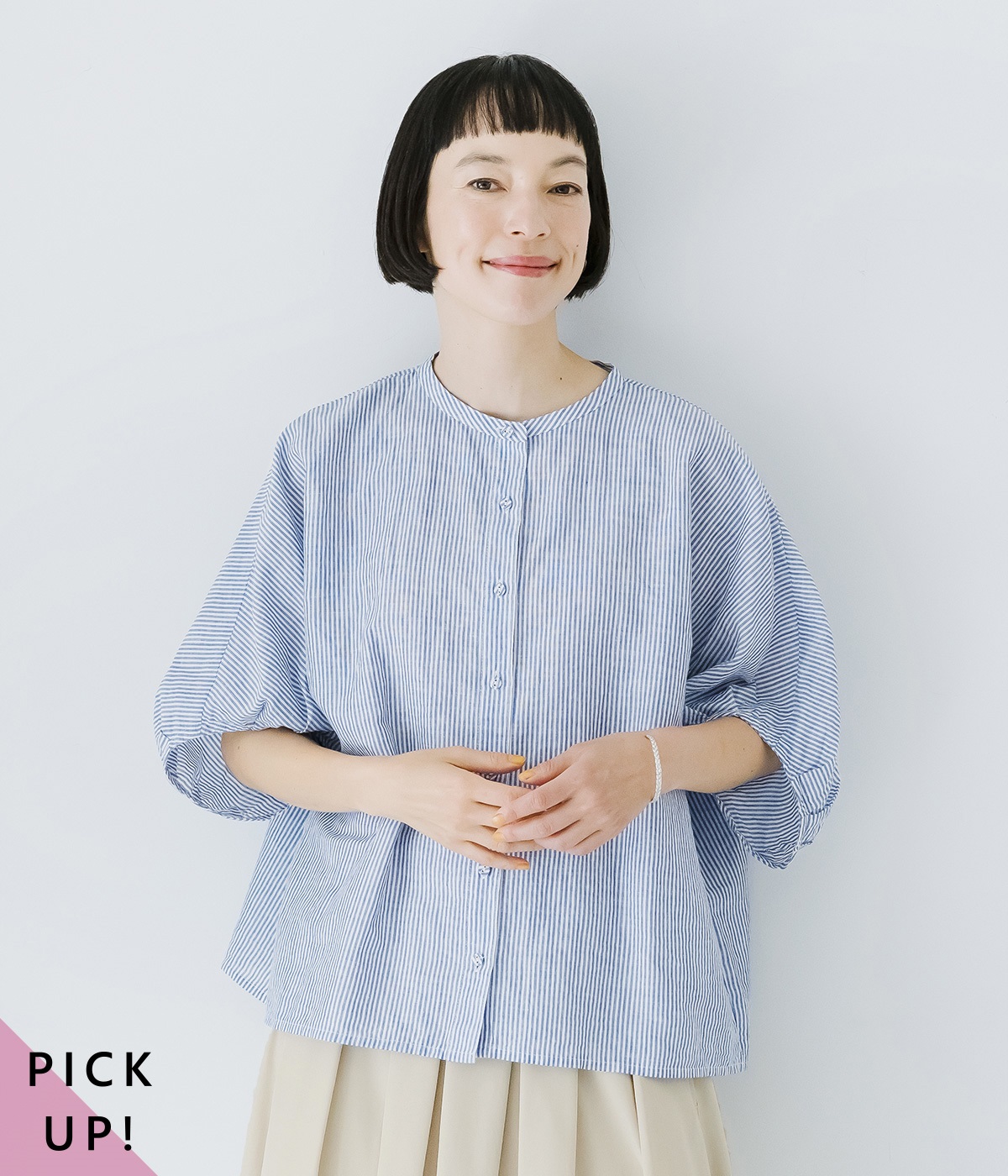 コットンリネンパフスリーブドルマンシャツ(ネイビーストライプ-ONESIZE)