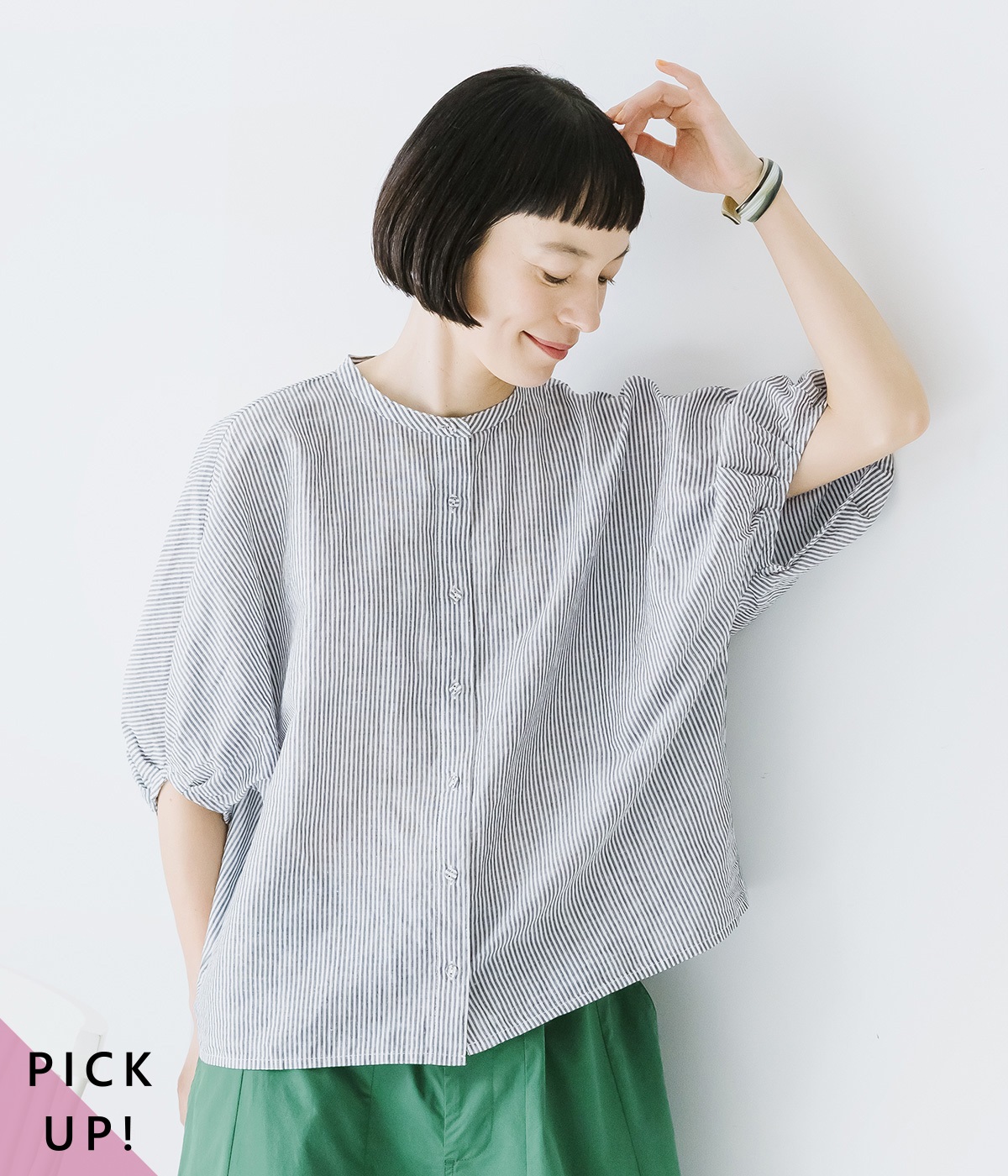コットンリネンパフスリーブドルマンシャツ(ブラックストライプ-ONESIZE)