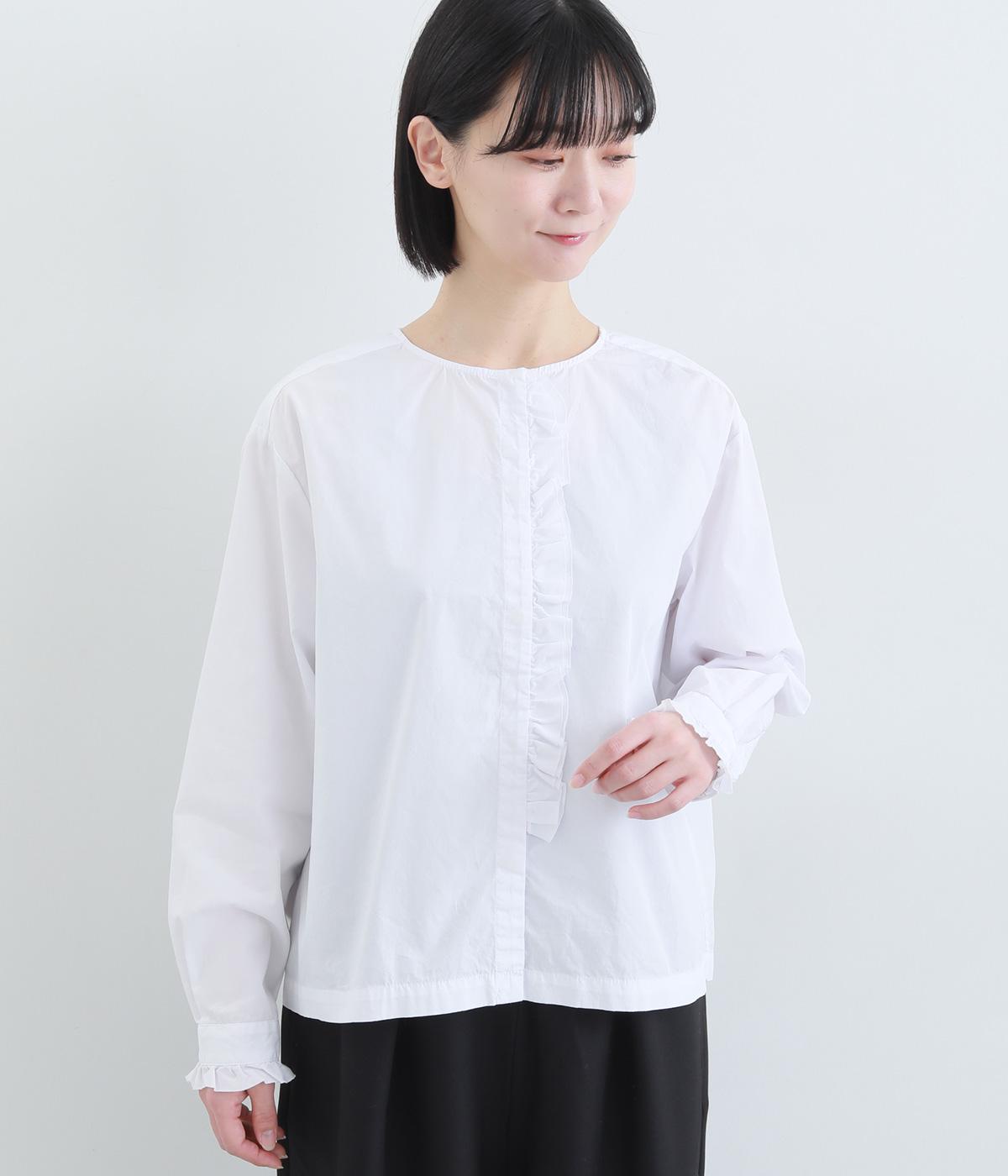 コットンブロードフロントフリルブラウス(ホワイト-F)