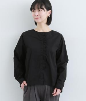 コットンブロードフロントフリルブラウス(ブラック-F)