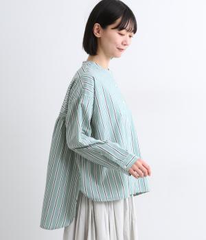 コットンドビーストライプ前後差バックギャザーシャツ