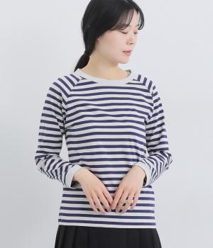 リサイクルコットン天竺ボーダーラグランTEE(長袖)(オイスター×ネイビー-L)