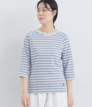 リサイクルコットン天竺ボーダーラグランTEE(7分袖)(オイスター×スティールブルー-L)