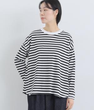 リサイクルコットン天竺ボーダー裾フレアーワイドプルオーバー(長袖)(オフホワイト×ブラック-F)