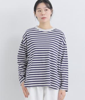 リサイクルコットン天竺ボーダー裾フレアーワイドプルオーバー(長袖)(オイスター×ネイビー-F)