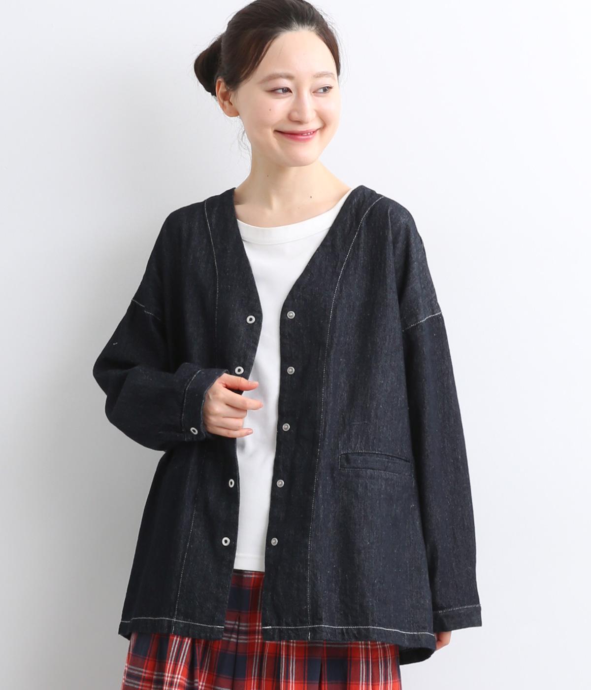 レギュラーコットンリネンデニムステッチ配色カバーオール(ダークインディゴ-F)