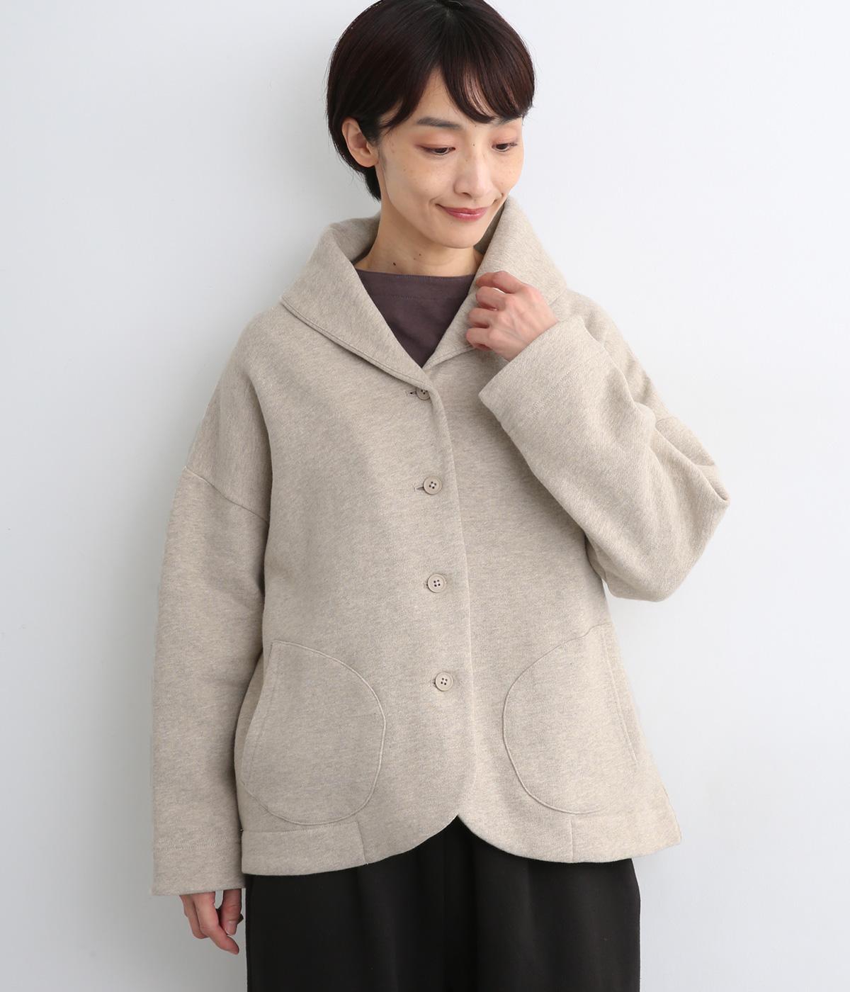 コットン裏毛裏起毛前後差ラウンドヘムショールカラージャケット(トップベージュ-F)