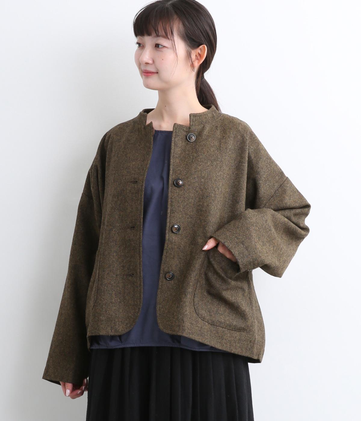 毛混ホームスパンマオカラーショートジャケット(ブラウン-F)