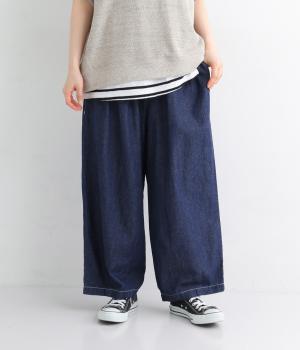 ライトコットンリネンデニム裾ダーツボールパンツ（配色ステッチ）(ダークインディゴ-ONESIZE)