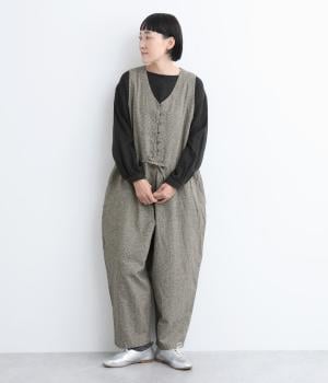 コットンリネン先染めノースーリブオールインワン(ハウンズトゥース-F)