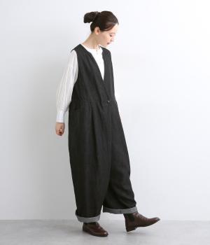 レギュラーコットンリネンデニムカシュクールラップサロペット(ブラック-F)