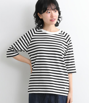 リサイクルコットン天竺ボーダーラグラン5分T(ホワイト×ブラック-M)