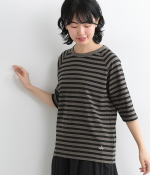 リサイクルコットン天竺ボーダーラグラン5分T(チャコール×ブラック-M)