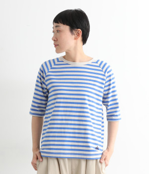 リサイクルコットン天竺ボーダーラグラン5分T(ペールベージュ×ブルー-L)