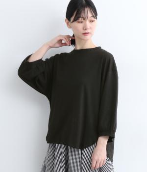 リネンコットン天竺ラウンドヘムパフ袖7分袖プルオーバー(ブラック-ONESIZE)