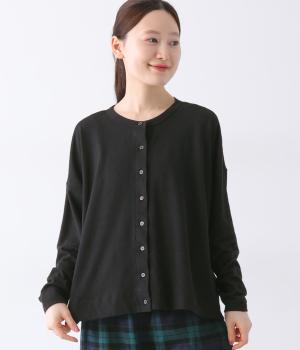 リネンコットン天竺ワイドクルーカーディガン(ブラック-ONESIZE)