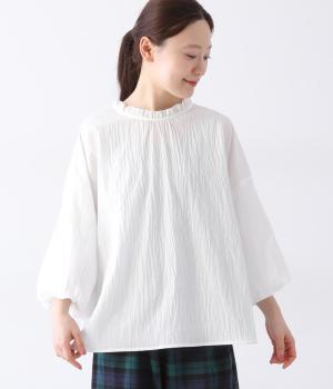 コットンローンチュールレースフリル襟袖バルーン2way8分袖プルオーバー