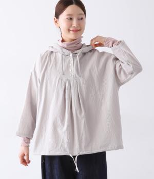 コットンローンヨーク切替フーディ9分袖プルオーバー(ライトグレー-ONESIZE)