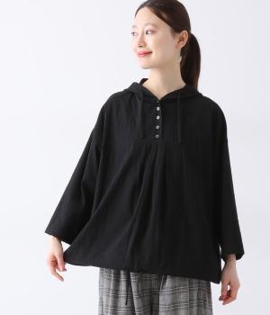 コットンローンヨーク切替フーディ9分袖プルオーバー(ブラック-ONESIZE)