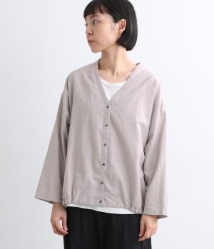 コットンリネン平織り裾ゴムVネック8分袖カーディガン