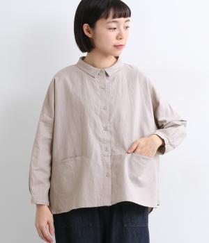 コットンリネン平織りスタンドカラー切替ワイド8分袖シャツ
