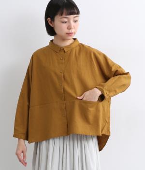 コットンリネン平織りスタンドカラー切替ワイド8分袖シャツ(アンバー-ONESIZE)