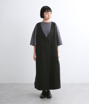 平織りリネンノースリーブジレ(ブラック-ONESIZE)