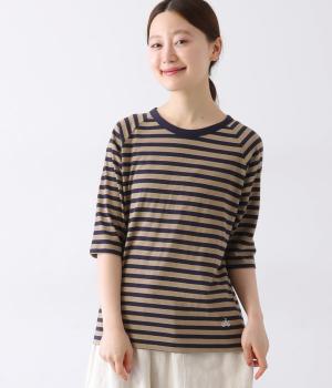 リサイクルコットン天竺ボーダーラグラン5分袖Tシャツ(ベージュ×ネイビー-L)