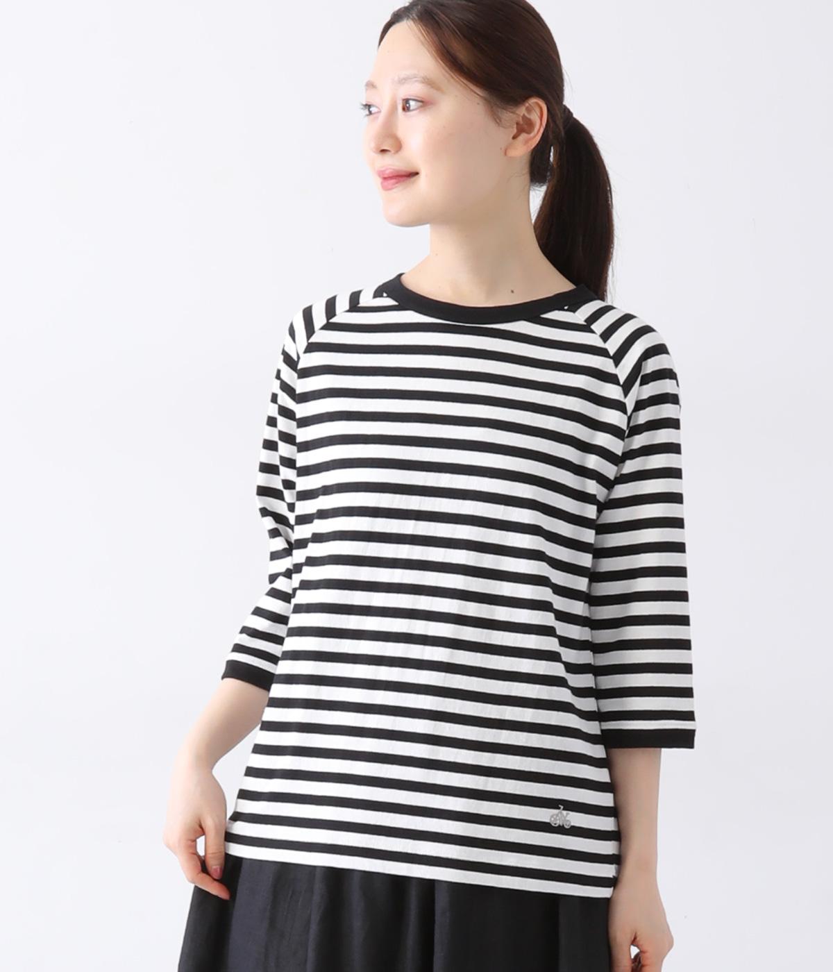 リサイクルコットン天竺ボーダーラグラン7分袖Tシャツ(オフホワイト×ブラック-M)