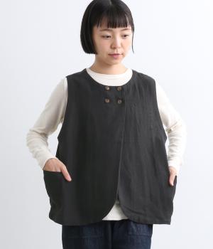 平織りリネンW釦ポケ付き2wayベスト(ブラック-ONESIZE)