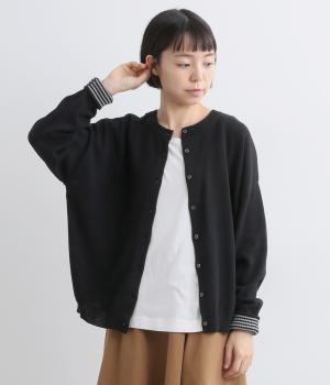 コットン 2way袖口ボーダーワイドカーディガン(ブラック-F)