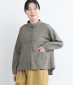 コットンリネン先染めチビ襟切替ワイドシャツ(ハウンズトゥース-F)