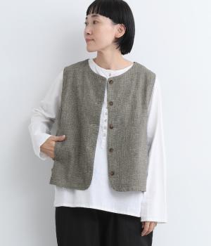 コットンリネン先染めサイドベルト付きベスト