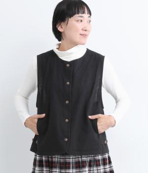 コットンリネン先染めサイドベルト付きベスト(ブラック-F)