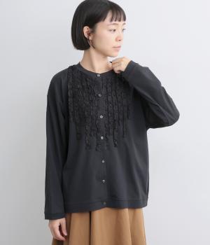 オーガニックスプライ天竺フリルモチーフ前開きクルーカーディガン(ブラック-F)