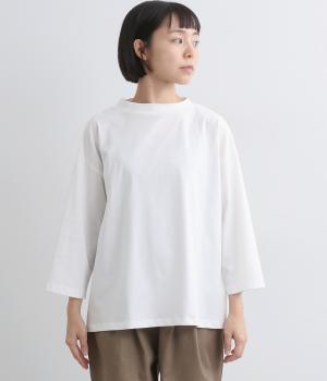 オーガニックスプライ天竺モックネック7分袖Tシャツ(オフホワイト-F)