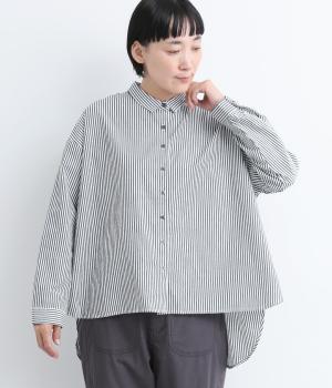 コットンワッシャーBACKギャザーフレアシャツ(ネイビーストライプ-F)