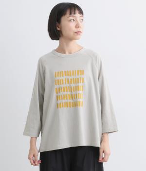 ラフィ天竺前後差ラグランブロックプリント8分袖T