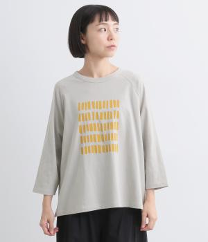 ラフィ天竺前後差ラグランブロックプリント8分袖T(グレー-F)