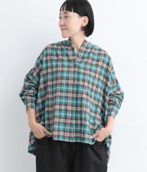 コットンヘリンボーン柄シャーリングバンドカラーヨークギャザーブラウス